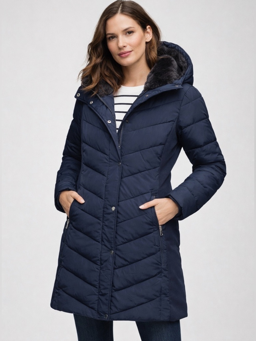 Andrew Marc Hooded Puffer Coat Faux Fur Trim Navy Blue Size M